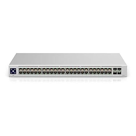 Ubiquiti UniFi Switch 48 with 48 ports, manageable, modular, supports 2-layer networking, optical fiber and twisted pair connections.