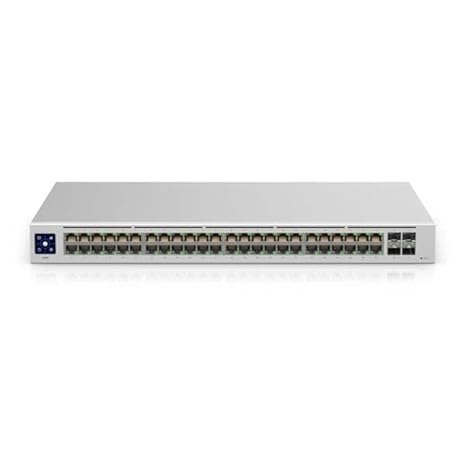 Ubiquiti UniFi Switch 48 with 48 ports, manageable, modular, supports 2-layer networking, optical fiber and twisted pair connections.