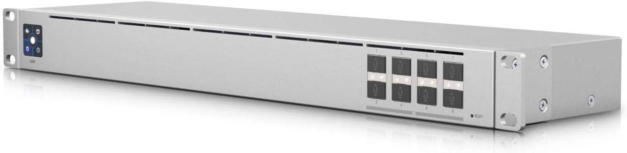 Ubiquiti UniFi Switch Aggregation managed Layer 2 switch with 8 SFP+ 10G ports, featuring a sleek black design and multiple port connections.