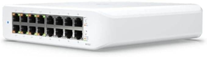 Ubiquiti UniFi Switch Lite 16 PoE with 16 gigabit ports and 8 PoE+ 802.3at ports, black rack-mount network switch.