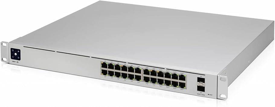 Ubiquiti UniFi Switch Pro 24, fully managed 3-layer network switch with 24 ports, shown in a professional data center setting.