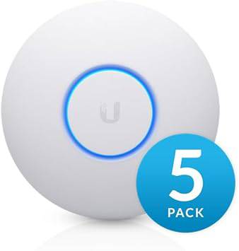 Ubiquiti UniFi UAP-nanoHD-5 wireless access point mounted on wall, compact design, with multiple antennas for high-speed Wi-Fi coverage