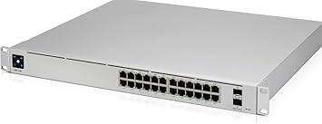 Ubiquiti USW-PRO-24-POE Gen2 24-port PoE+ switch with multiple Ethernet ports and power over Ethernet capability.