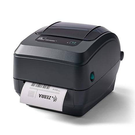 Zebra GK420t thermal transfer desktop printer with 4-inch print width, USB and Ethernet ports for connectivity.