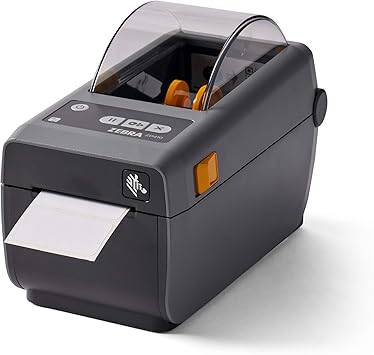 Zebra ZD410 thermal desktop printer with 2-inch print width, USB and Ethernet ports, featuring installed Ethernet module.