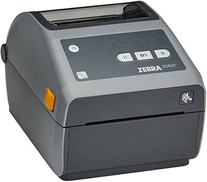 Zebra ZD621 direct thermal desktop printer with 4-inch print width, USB, serial, Ethernet ports, 203 dpi resolution.